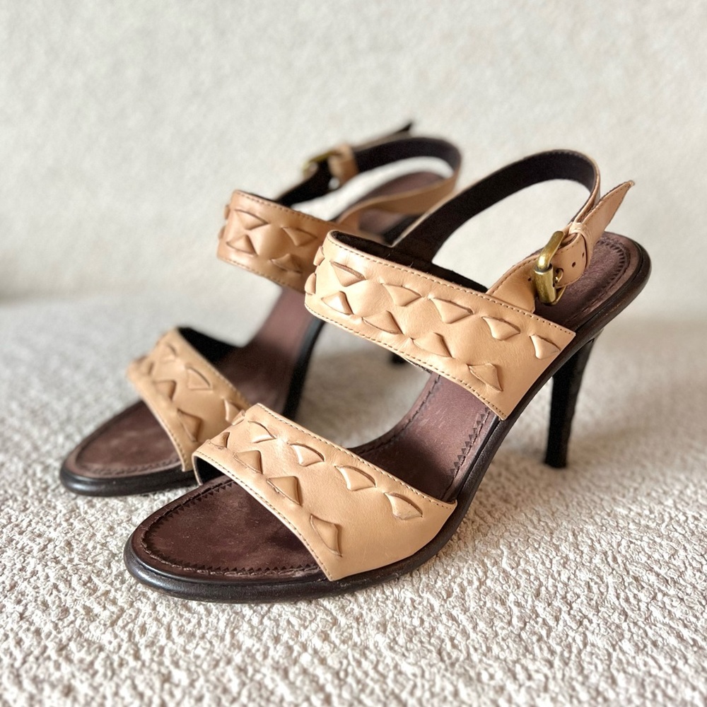 Bottega Veneta Tan Intrecciato Leather Heeled Sandals